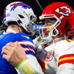 Kansas City Chiefs quarterback Patrick Mahomes (15) greets Buffalo Bills quarterback Josh Allen (17) following the 2024 AFC divisional round game at Highmark Stadium.