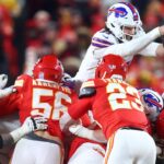 Buffalo Bills quarterback Josh Allen (17) dives for a first down against the Kansas City Chiefs during the second half in the AFC Championship game at GEHA Field at Arrowhead Stadium.