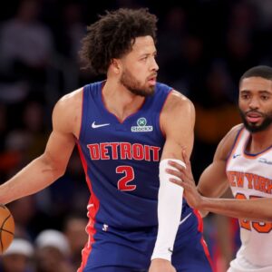 Detroit Pistons guard Cade Cunningham (2) controls the ball against New York Knicks forward Mikal Bridges (25) during the second quarter at Madison Square Garden
