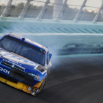 NASCAR Sprint Cup Series driver Kurt Busch hits the wall during the Ford 400 at Homestead Miami Speedway.