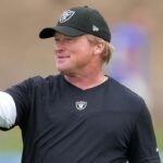Las Vegas Raiders coach Jon Gruden reacts during a joint practice against the Los Angeles Rams.
