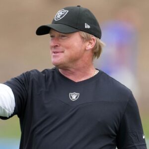 Las Vegas Raiders coach Jon Gruden reacts during a joint practice against the Los Angeles Rams.