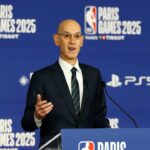 NBA commissioner Adam Silver speaks before the Paris Games 2025 NBA basketball game between the San Antonio Spurs and Indiana Pacers at Accor Arena.