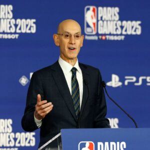 NBA commissioner Adam Silver speaks before the Paris Games 2025 NBA basketball game between the San Antonio Spurs and Indiana Pacers at Accor Arena.