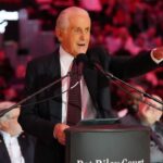 Miami Heat president Pat Riley addresses the crowd during the Pat Riley Court dedication ceremony at halftime at Kaseya Center
