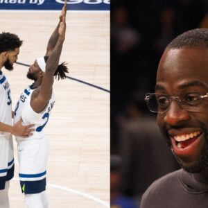 Karl-Anthony Towns and Patrick Beverley (L), Draymond Green (R)