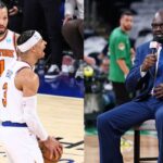 Knicks Players Josh Hart and Jalen Brunson (L) and Shaquille O'Neal (R)