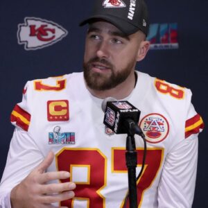 Kansas City Chiefs tight end Travis Kelce (87) answers questions from the media during team availability at Hyatt Regency Scottsdale Resort and Spa at Gainey Ranch in Scottsdale on Feb. 8, 2023. Nfl Kansas City Chiefs Media Availability
