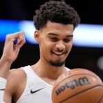 San Antonio Spurs forward Victor Wembanyama (1) during warmups prior to the game against the Milwaukee Bucks at Fiserv Forum.