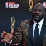 Shaquille O'Neal arrives on the red carpet before the Emirates NBA Cup semifinal game at T-Mobile Arena.
