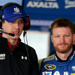 NASCAR Sprint Cup Series driver Dale Earnhardt Jr. (right) with his crew chief Greg Ives during practice for the Daytona 500 at Daytona International Speedway.
