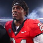 Georgia Bulldogs defensive back Malaki Starks (24) celebrates after a victory over the Tennessee Volunteers at Sanford Stadium.