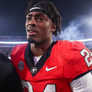 Georgia Bulldogs defensive back Malaki Starks (24) celebrates after a victory over the Tennessee Volunteers at Sanford Stadium.