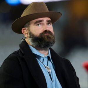 ESPN personality and former Philadelphia Eagles center Jason Kelce on set before the game between the Dallas Cowboys and Houston Texans at AT&T Stadium.