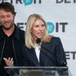 Matthew and Kelly Stafford make remarks before the ribbon cutting for the Kelly and Matthew Stafford and Friends Education Center at the S.A.Y Detroit Play Center in Detroit on Monday, April 1, 2024.