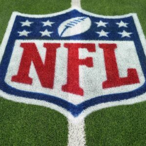 The NFL shield logo is seen on the field at SoFi Stadium before a game between the Arizona Cardinals and Los Angeles Rams.