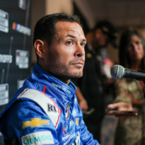 Kyle Larson speaks to media members during the NASCAR Playoffs Media Day at the Charlotte Convention Center.