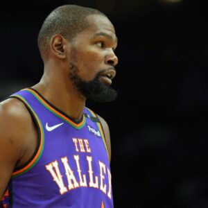 Phoenix Suns forward Kevin Durant (35) looks on against the Utah Jazz during the first half at Footprint Center.