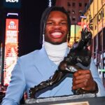 Colorado Buffaloes wide receiver/cornerback Travis Hunter after winning the 2024 Heisman Trophy.