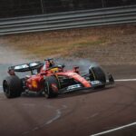 January 22, 2025, Maranello, Modena, Italy: LEWIS HAMILTON locks up his front tyres during a lap at the Fiorano Circuit, driving in Ferrari red for the first time as a Scuderia Ferrari F1 driver.