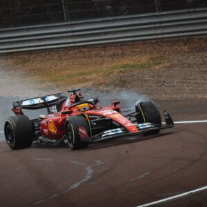 January 22, 2025, Maranello, Modena, Italy: LEWIS HAMILTON locks up his front tyres during a lap at the Fiorano Circuit, driving in Ferrari red for the first time as a Scuderia Ferrari F1 driver.