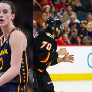 Caitlin Clark (L), A fight between the Vancouver Canucks and the Calgary Flames in the NHL (R)