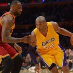 Cleveland Cavaliers forward LeBron James (23) guards Los Angeles Lakers forward Kobe Bryant (24) on the court in the first half of the game at Staples Center.