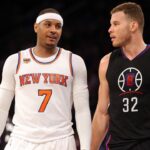 New York Knicks small forward Carmelo Anthony (7) talks to Los Angeles Clippers power forward Blake Griffin (32) during the fourth quarter at Madison Square Garden.