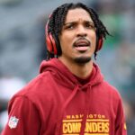 Washington Commanders quarterback Jayden Daniels (5) looks on before the NFC Championship game at Lincoln Financial Field.