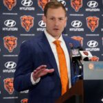 Chicago Bears head coach Ben Johnson answers questions during a introductory press conference at PNC Center.