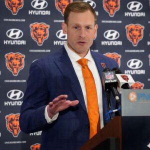 Chicago Bears head coach Ben Johnson answers questions during a introductory press conference at PNC Center.