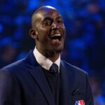 NBA great Kevin Garnett is honored for being selected to the NBA 75th Anniversary Team during halftime in the 2022 NBA All-Star Game at Rocket Mortgage FieldHouse.