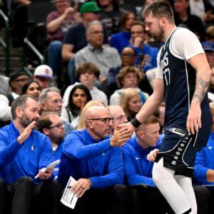 Dallas Mavericks guard Luka Doncic (77) leaves the game against the Portland Trail Blazers during the second half at the American Airlines Center.