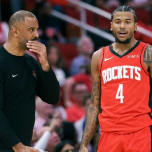 Nov 4, 2024; Houston, Texas, USA; Houston Rockets head coach Ime Udoka talks with guard Jalen Green (4) during the second quarter against the New York Knicks at Toyota Center.