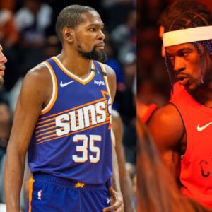 Devin Booker and Kevin Durant (L) and Jimmy Butler (R)