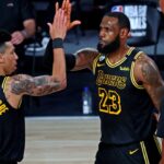 Los Angeles Lakers forward LeBron James (23) celebrates with guard Danny Green (14) after a play during the third quarter against the Miami Heat in game two of the 2020 NBA Finals at AdventHealth Arena