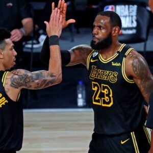 Los Angeles Lakers forward LeBron James (23) celebrates with guard Danny Green (14) after a play during the third quarter against the Miami Heat in game two of the 2020 NBA Finals at AdventHealth Arena