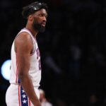 Philadelphia 76ers center Joel Embiid (21) looks up court during the first quarter against the Brooklyn Nets at Barclays Center.
