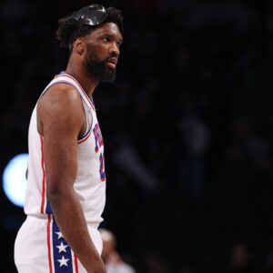 Philadelphia 76ers center Joel Embiid (21) looks up court during the first quarter against the Brooklyn Nets at Barclays Center.