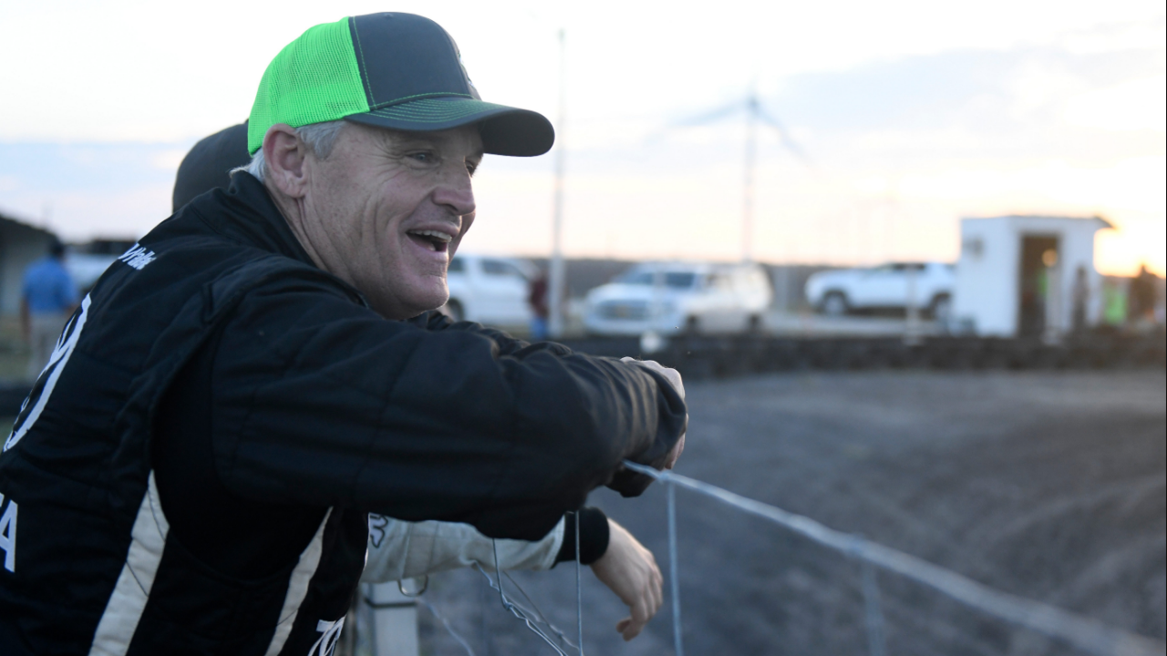 Former NASCAR driver Kenny Wallace watches the kids go-cart race, Wednesday, Oct. 7, 2020, in Bishop.