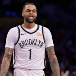 Brooklyn Nets guard D'Angelo Russell (1) reacts as he leaves the court after missing a 3-point basket at the buzzer against the Los Angeles Lakers at Crypto.com Arena.