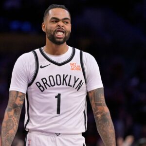 Brooklyn Nets guard D'Angelo Russell (1) reacts as he leaves the court after missing a 3-point basket at the buzzer against the Los Angeles Lakers at Crypto.com Arena.