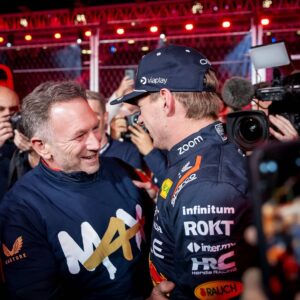 Max Verstappen (Red Bull Racing) celebrates winning his fourth world title with Christian Horner (Red Bull Racing) after the Las Vegas Grand Prix