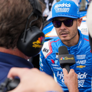 NASCAR Cup Series driver Kyle Larson (5) is interviewed ahead of the Brickyard 400, Sunday, July 21, 2024, at Indianapolis Motor Speedway.