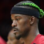 Miami Heat forward Jimmy Butler (22) warms-up before the game against the Indiana Pacers at Kaseya Center.