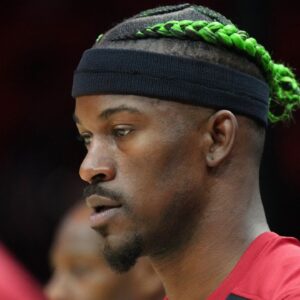 Miami Heat forward Jimmy Butler (22) warms-up before the game against the Indiana Pacers at Kaseya Center.