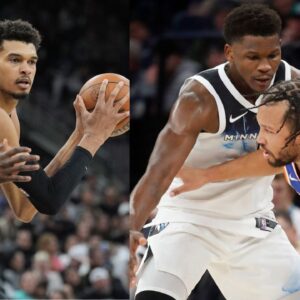 Victor Wembanyama (L) and Anthony Edwards and Jalen Brunson (R)