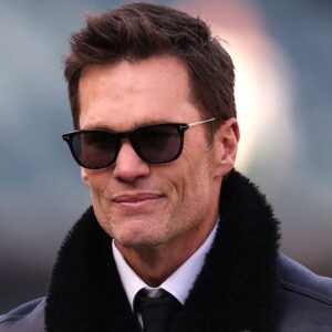 Announcer Tom Brady looks on before an NFC wild card game between the Philadelphia Eagles and the Green Bay Packers at Lincoln Financial Field.