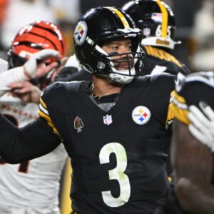 Jan 4, 2025; Pittsburgh, Pennsylvania, USA; Pittsburgh Steelers quarterback Russell Wilson (3) throws a pass against the Cincinnati Bengals during the second quarter at Acrisure Stadium.