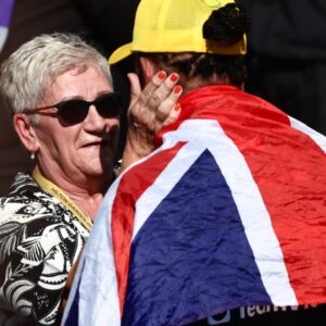 F1 British Grand Prix 2024 Carmen Larbalestier and Lewis Hamilton of Mercedes after the Formula 1 British Grand Prix at Silverstone Circuit in Northampton, Great Britain on July 7, 2024.